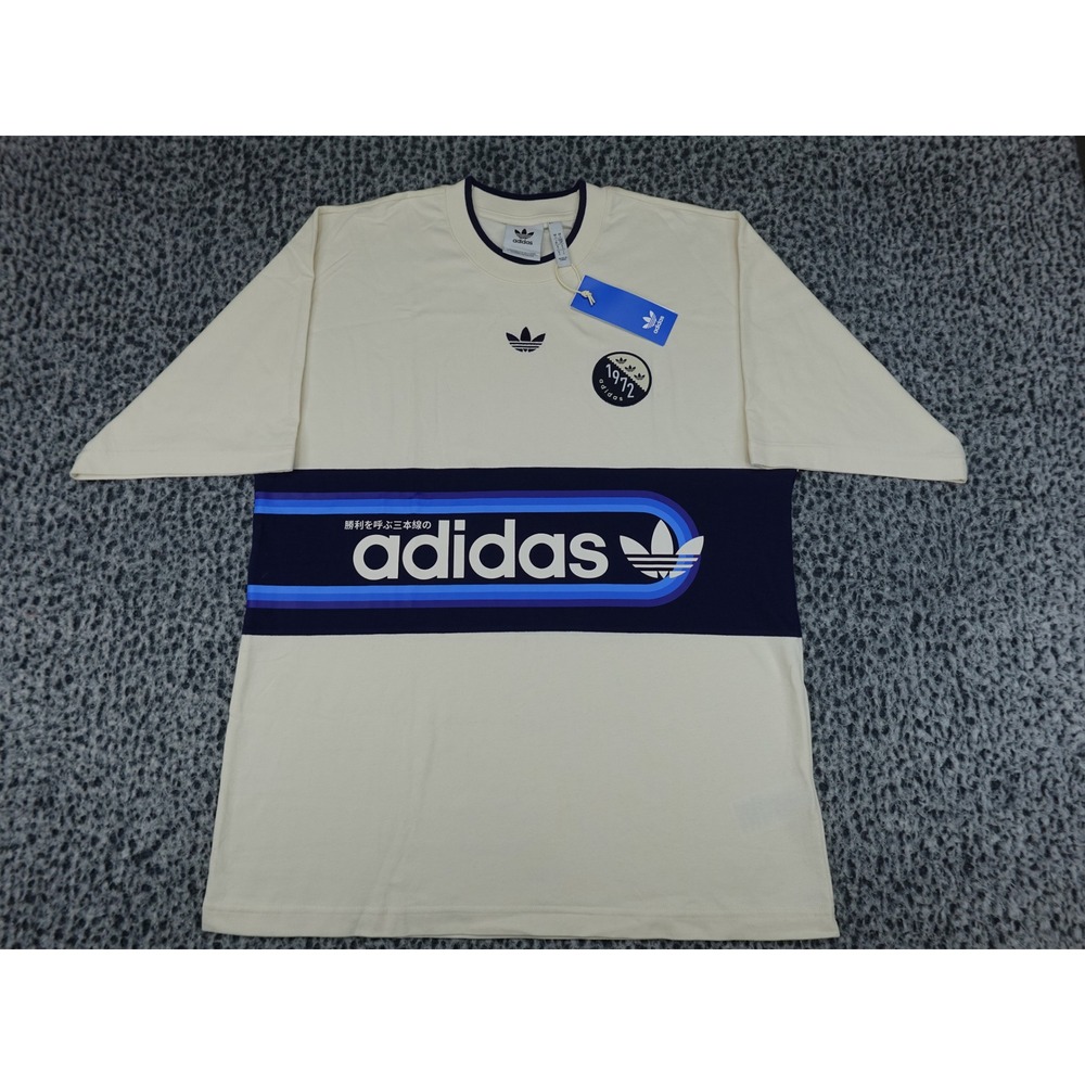 Adidas BPOP Tee Mens S Wonder White Navy Blue Retro Graphic IP7167 NWT